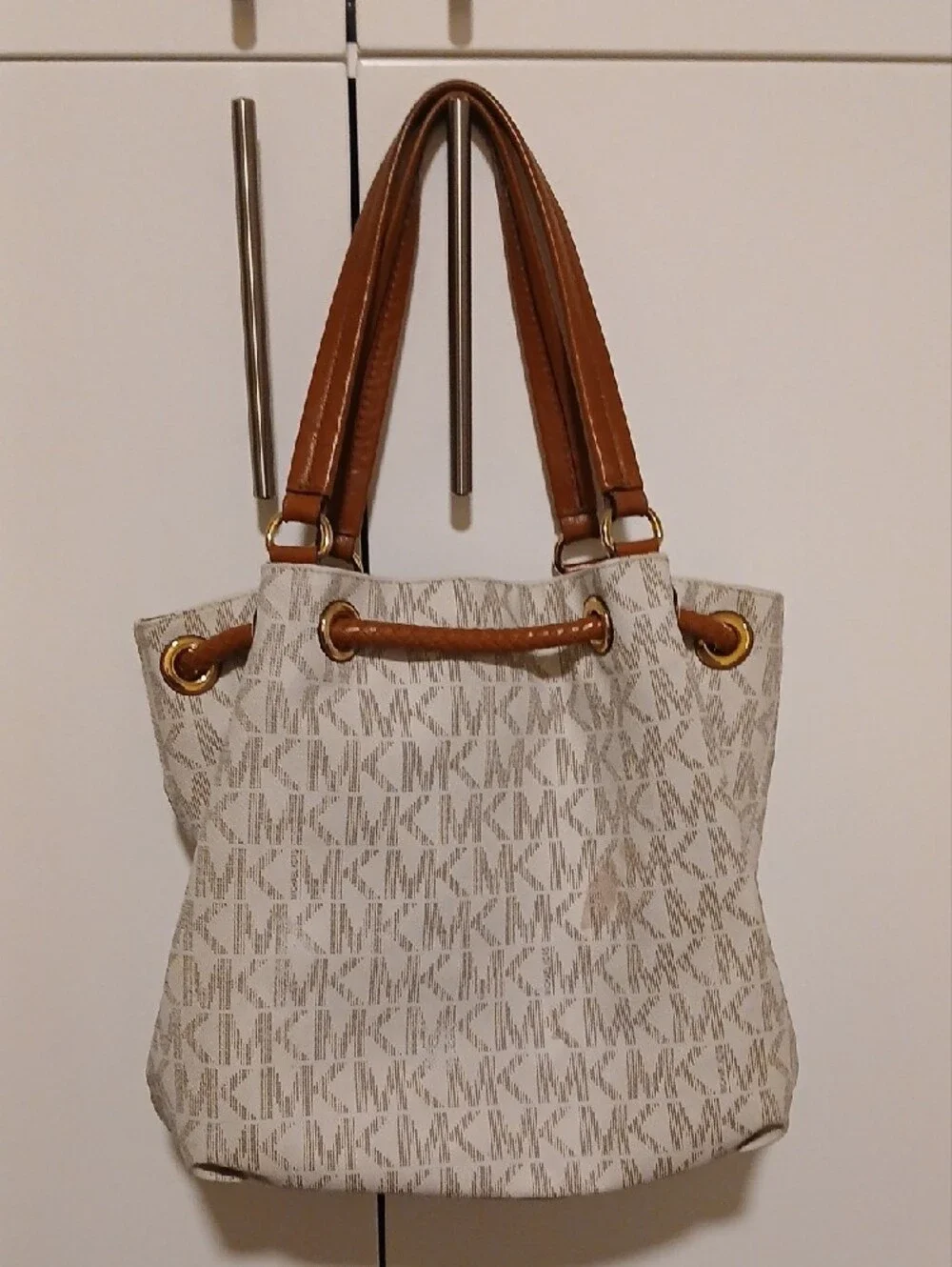 Michael Kors Beige Logo Tote with Brown Leather Trim and Tassel